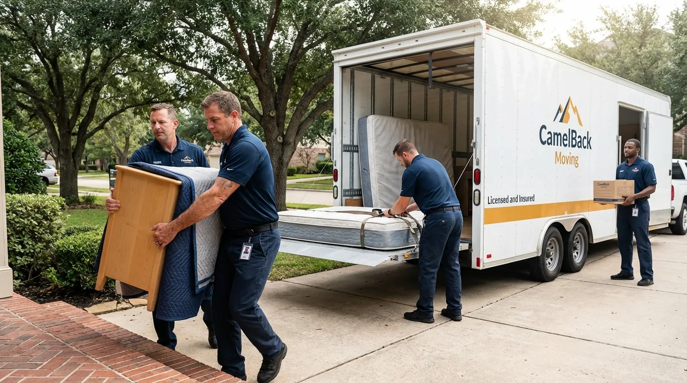 Crew loading residential truck for cross-state move from Camanche, IA