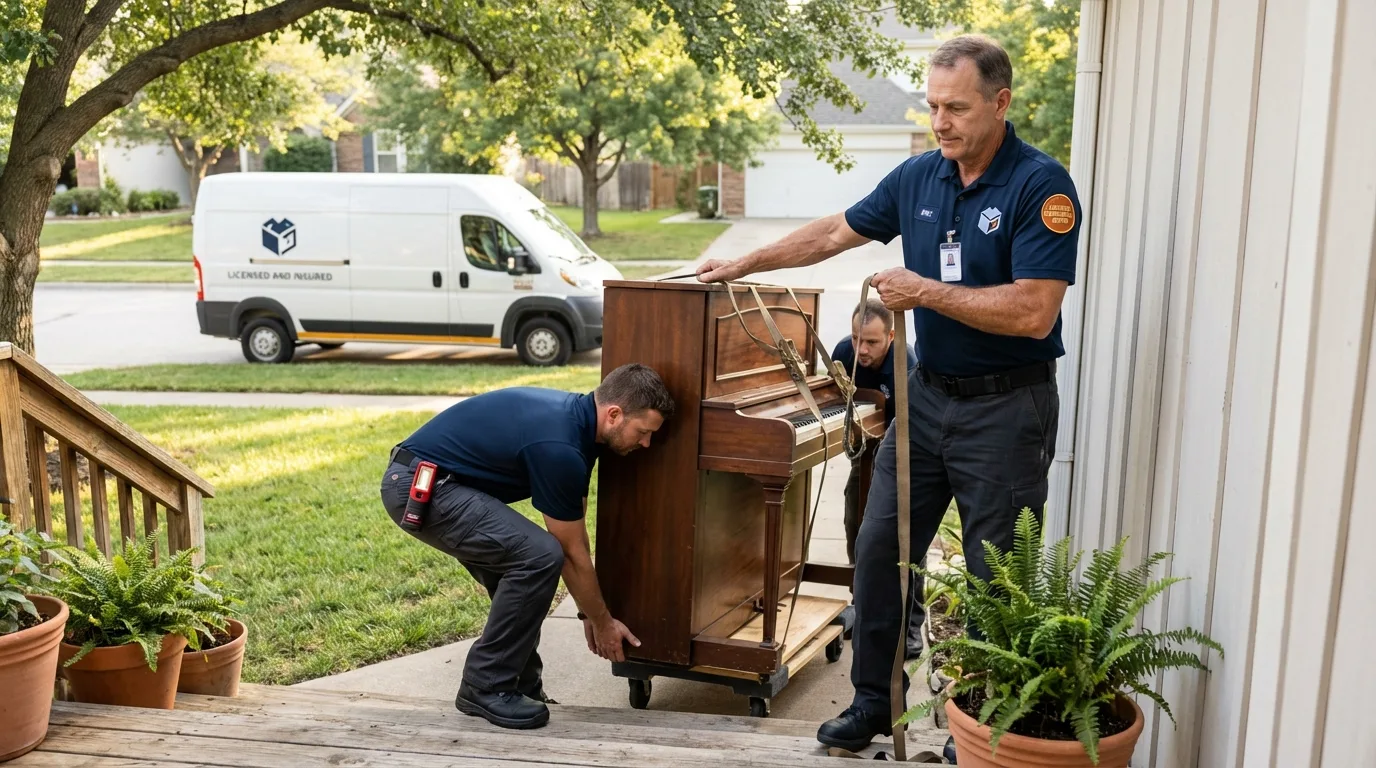 Licensed piano movers securing grand piano in Camanche, IA