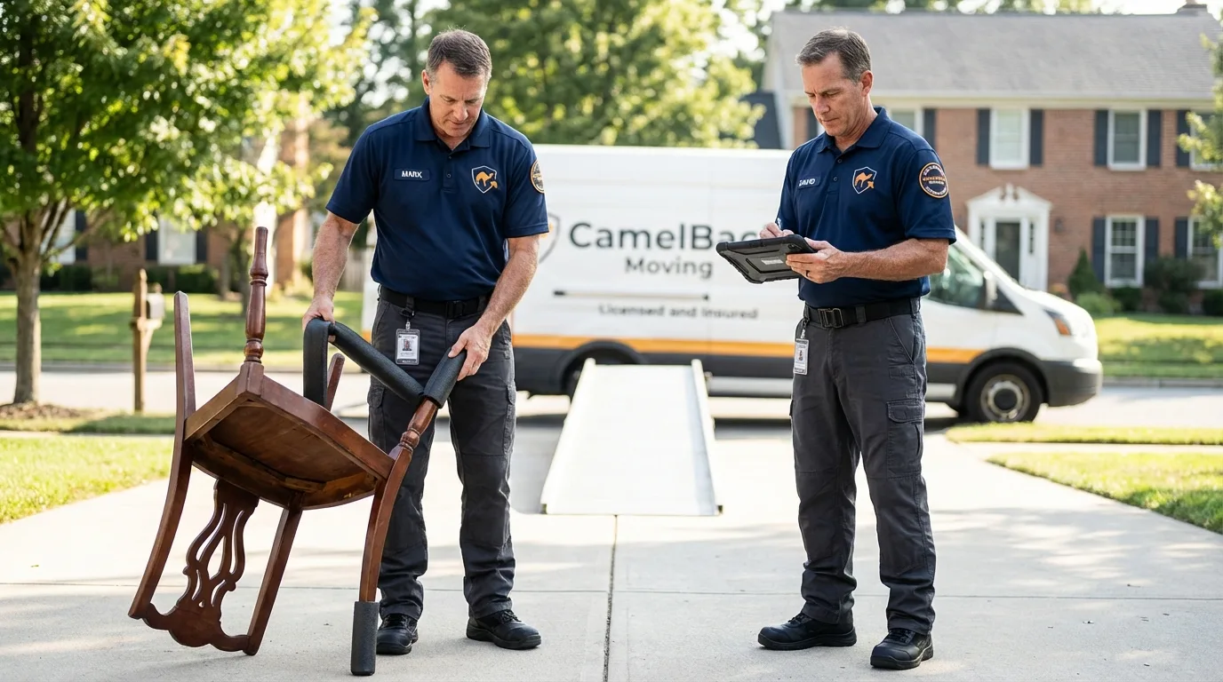 Movers inspecting furniture for damage prevention before loading in Camanche, IA