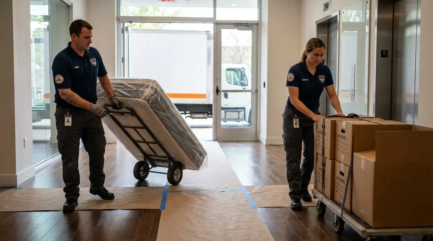 Professional apartment movers loading elevator in Camanche, IA